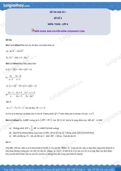 Đề số 2 - Đề kiểm tra học kì 1 - Toán 8